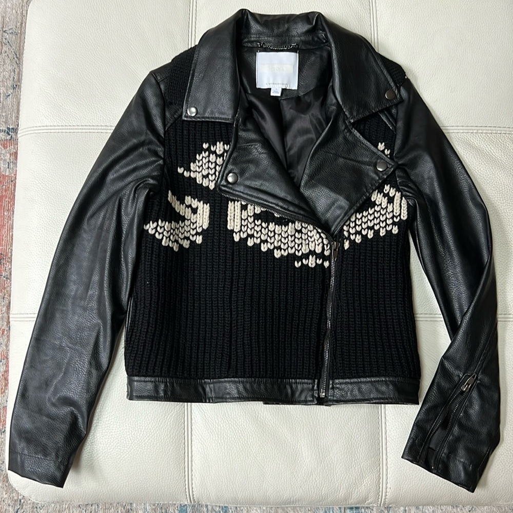 Anthropologie Black Faux Leather Moto Jacket with Sweater Knit Detail